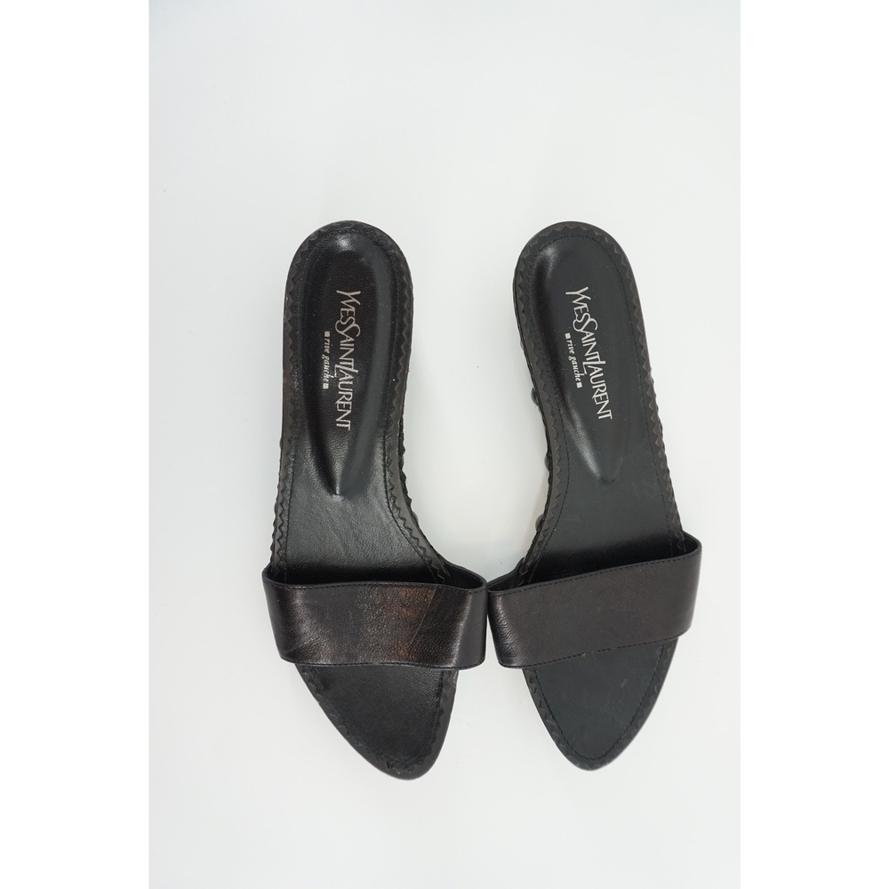 Yves St. Laurent Rive Gauche Wooden Studded Leather Clog Slide Mules Black Sz 38 - Picture 3 of 11